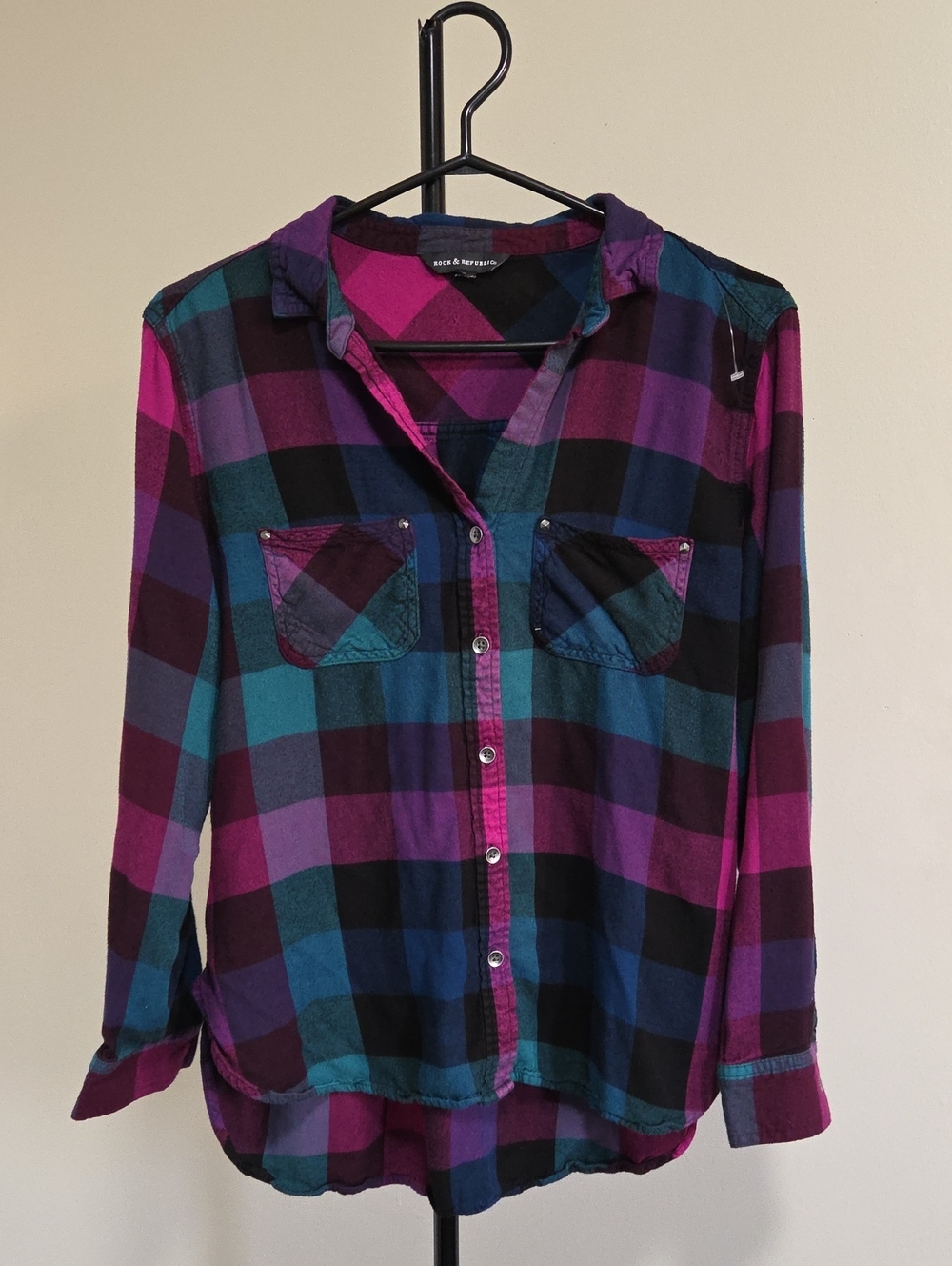 Rock & Republic Plaid Button-Up Shirt in Teal, Magenta & Black